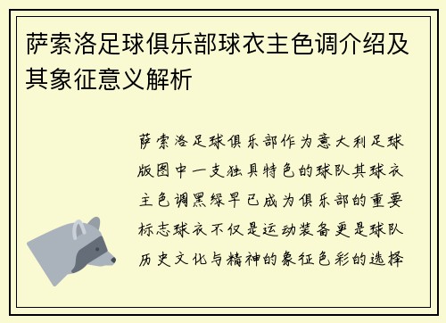 萨索洛足球俱乐部球衣主色调介绍及其象征意义解析