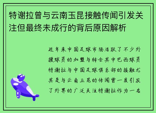 特谢拉曾与云南玉昆接触传闻引发关注但最终未成行的背后原因解析 特谢拉曾与云南玉昆接触传闻引发关注但最终未成行的背后原因解析